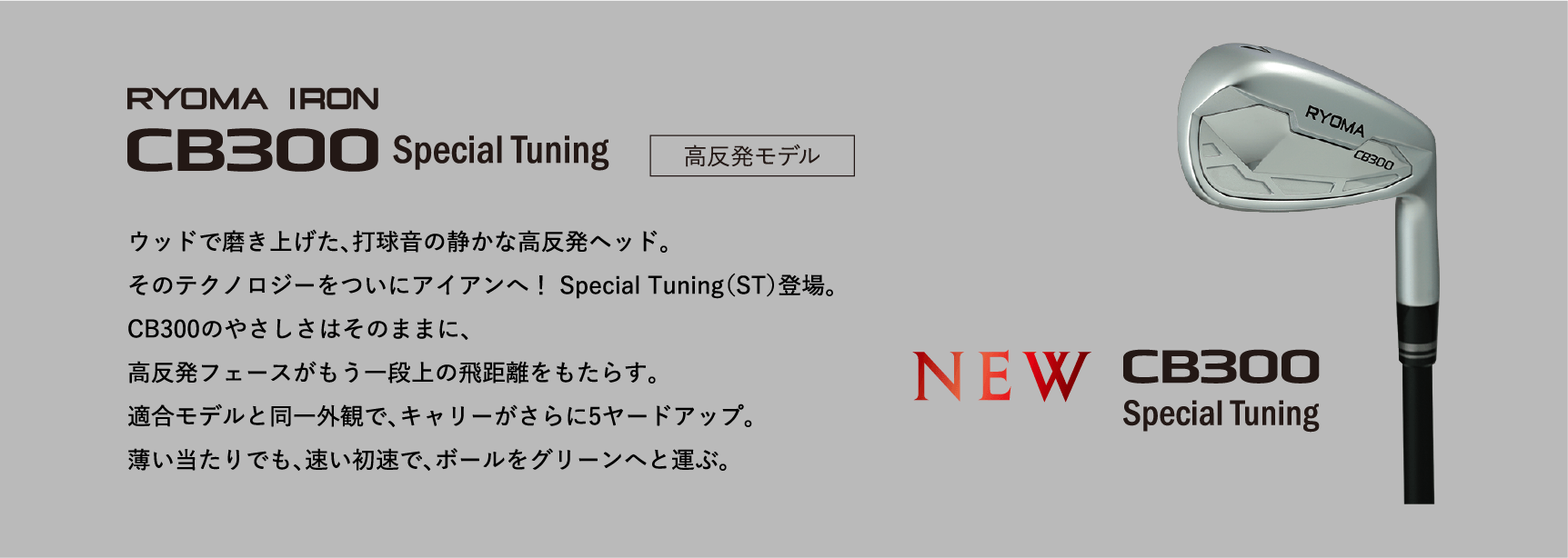 RYOMA IRON CB300 Special Tuning 高反発モデル ウッドで磨き上げた、打球音の静かな高反発ヘッド。そのテクノロジーをついにアイアンへ！ Special Tuning（ST）登場。CB300のやさしさはそのままに、高反発フェースがもう一段上の飛距離をもたらす。適合モデルと同一外観で、キャリーがさらに5ヤードアップ。薄い当たりでも、速い初速で、ボールをグリーンへと運ぶ。