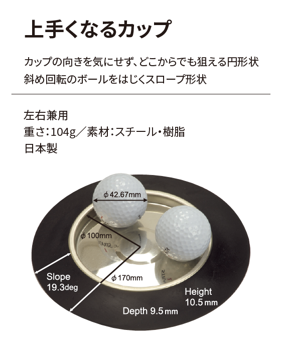上手くなるカップ カップの向きを気にせず、どこからでも狙える円形状。斜め回転のボールをはじくスロープ形状左右兼用重さ：104g ／ 素材：スチール・樹脂 日本製